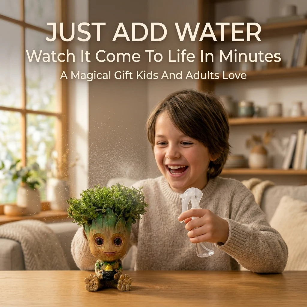 Child misting an interactive moss figure and watching it turn green